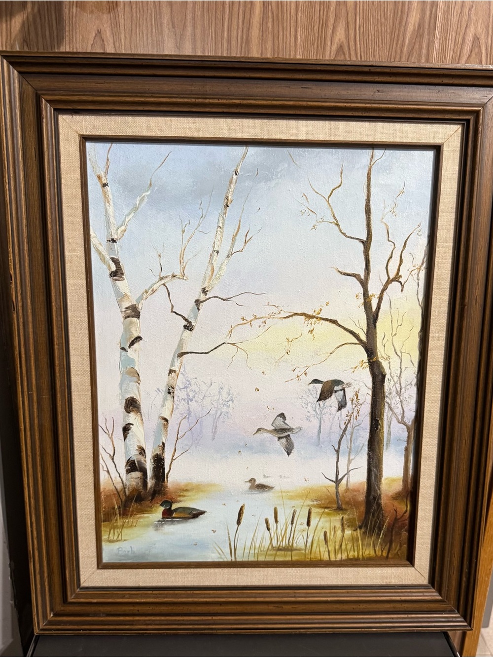 Original oil, painting, signed by the artist. Mallard ducks flying over lake